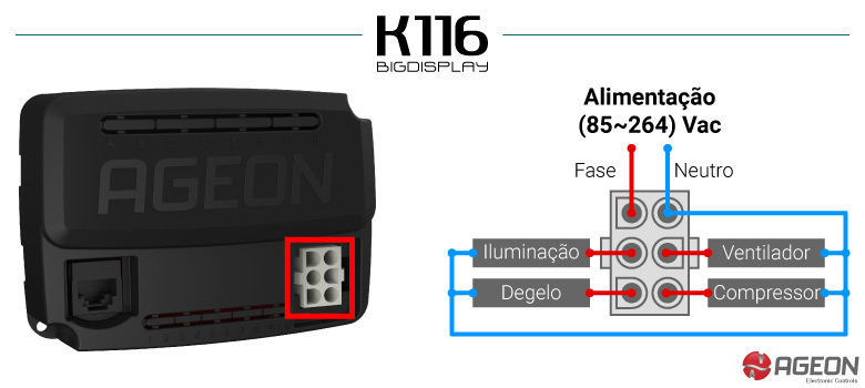 Instalação elétrica do controlador de temperatura K116 Big Display para expositores de bebidas